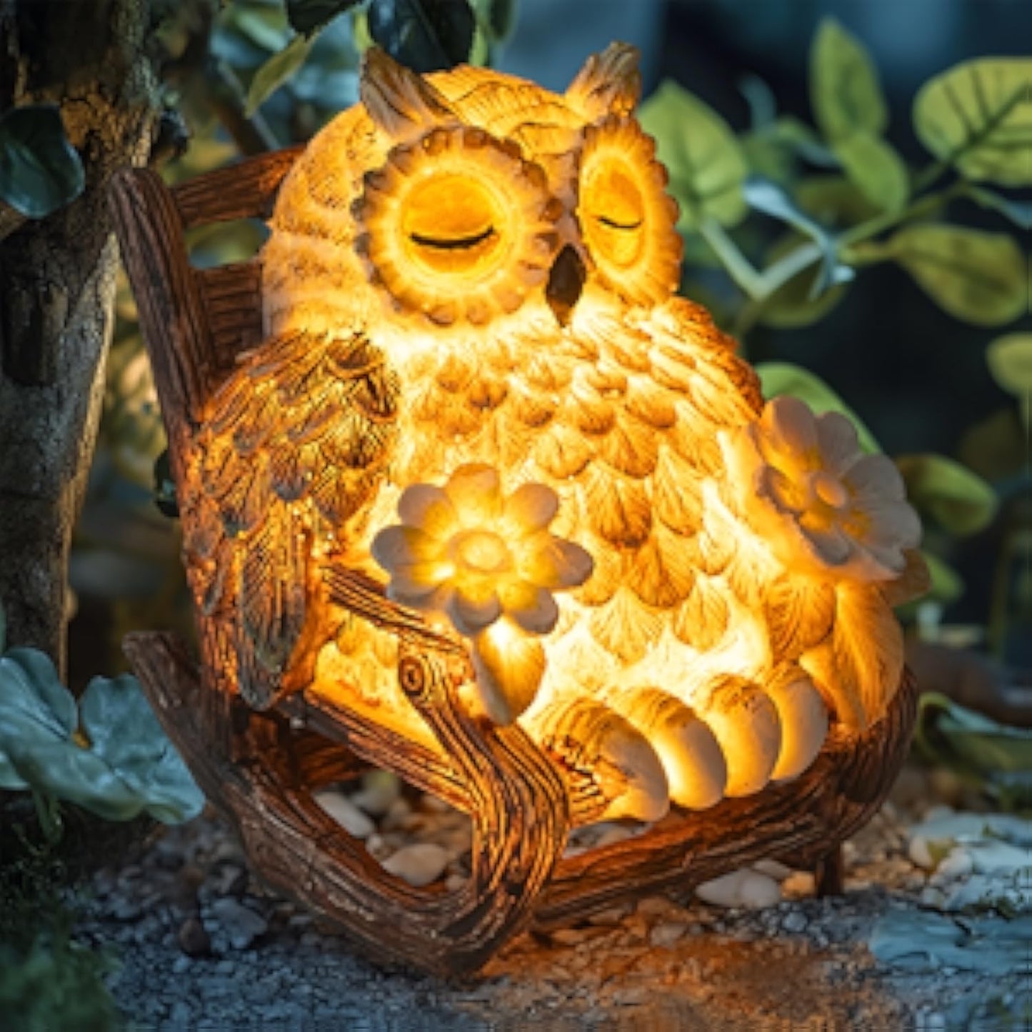 Light Up Owl on Chair Garden Sculpture