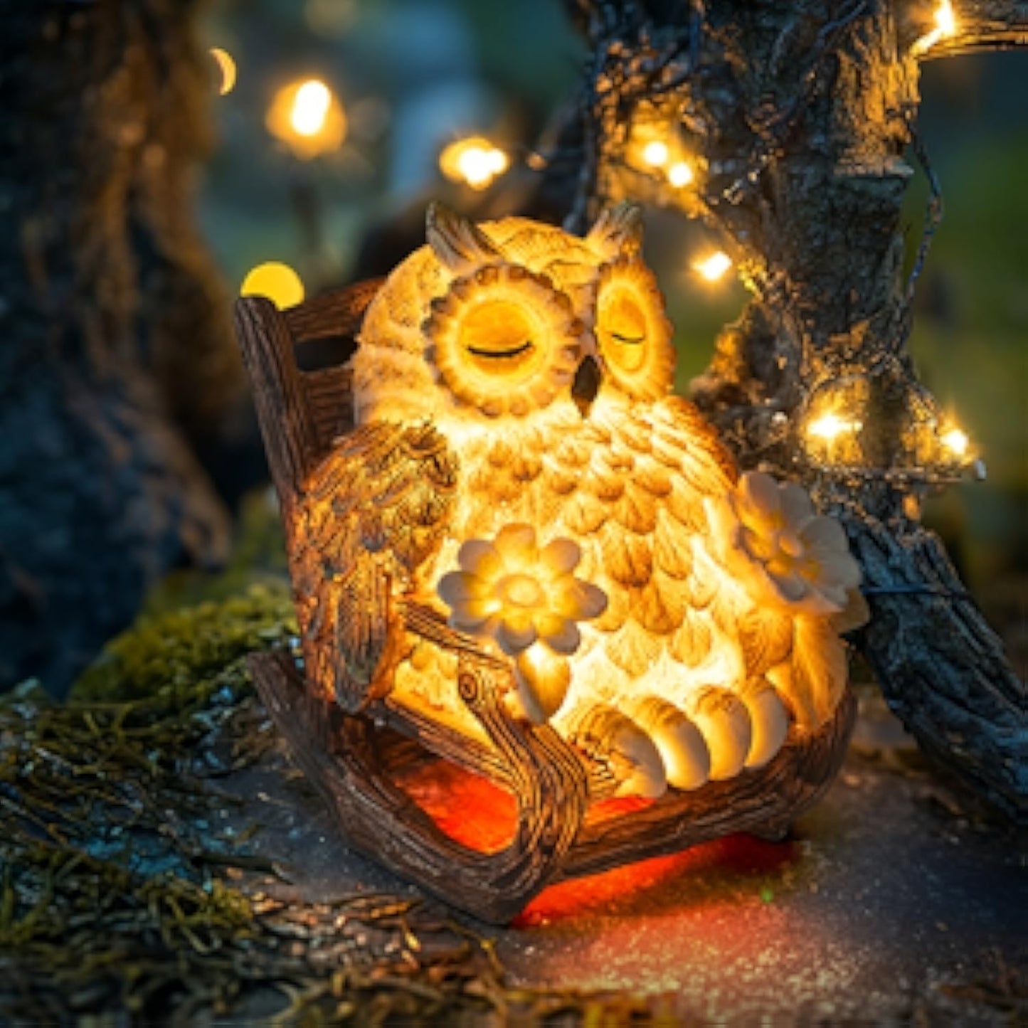 Light Up Owl on Chair Garden Sculpture