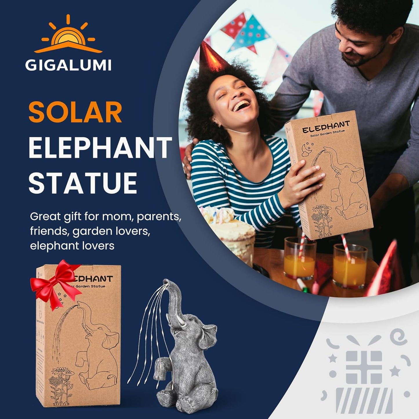 GIGALUMI Elephant Statue Solar Garden Decor, Birthday Gifts for Women, Gifts for Mom Grandma Senior Eleder, Outdoor Elephant Decor Ornament