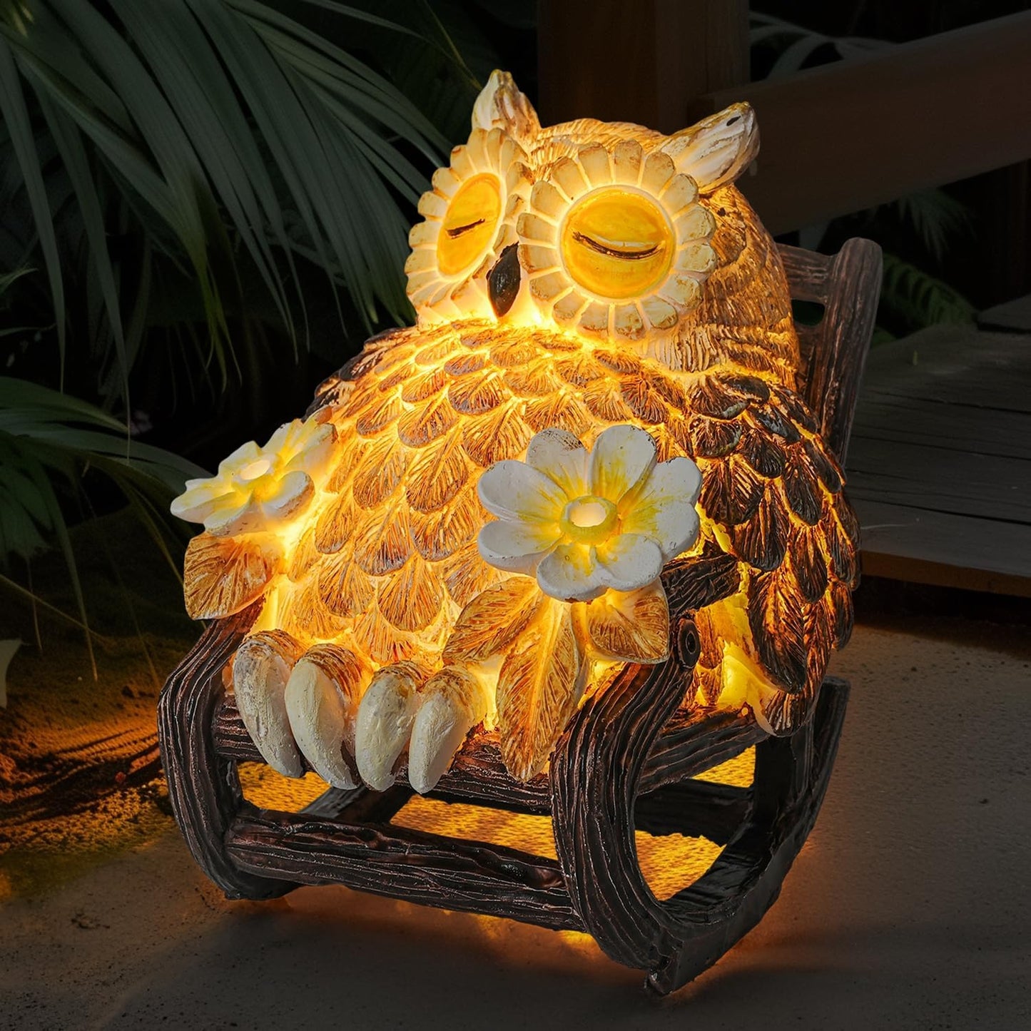 Light Up Owl on Chair Garden Sculpture