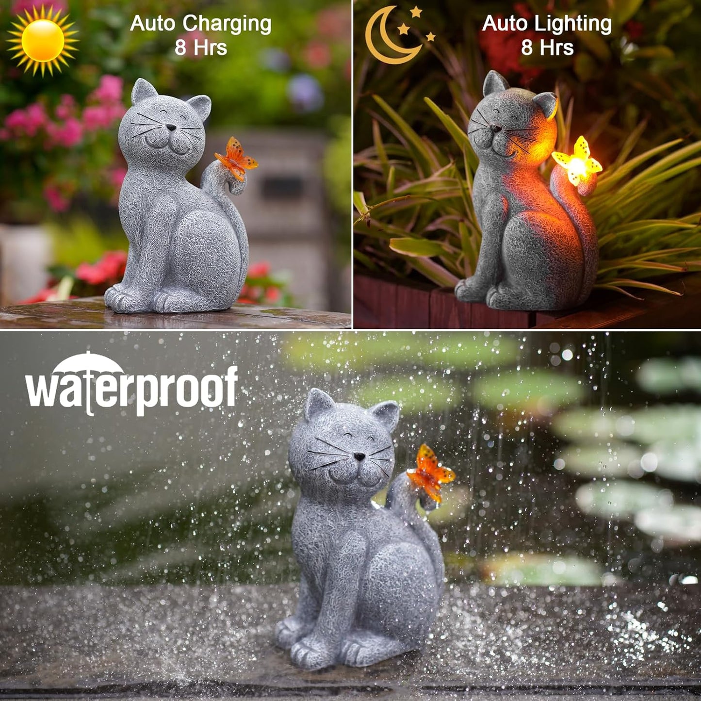 Solar Cat Garden Statue, Outdoor Decor for Yard