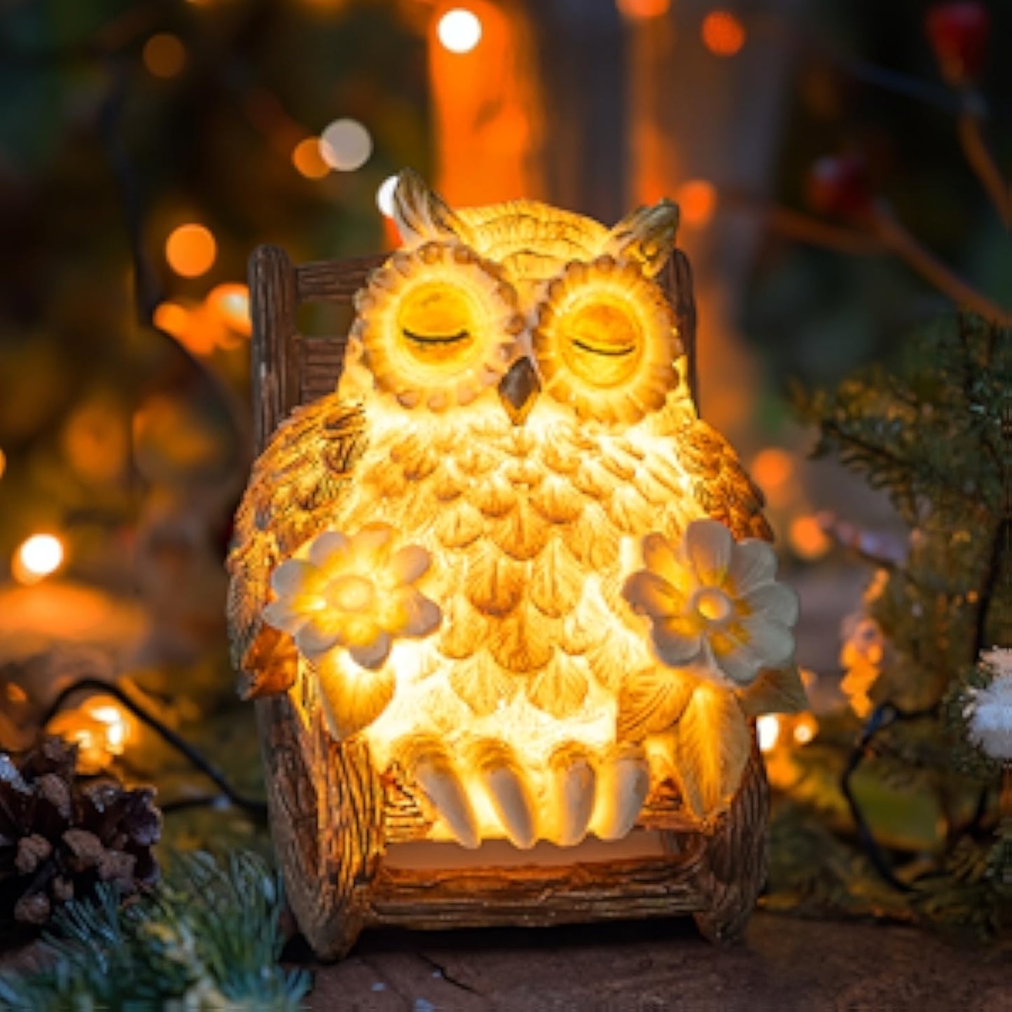 Light Up Owl on Chair Garden Sculpture