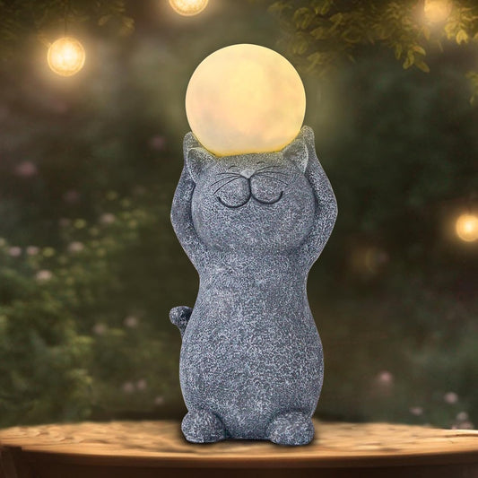 Solar Garden Decor Cat Moon Outdoor Statue and Figurine Lights, Outdoor Patio Sculpture Decor LED Light Gifts for Mom or Daughter, Garden St