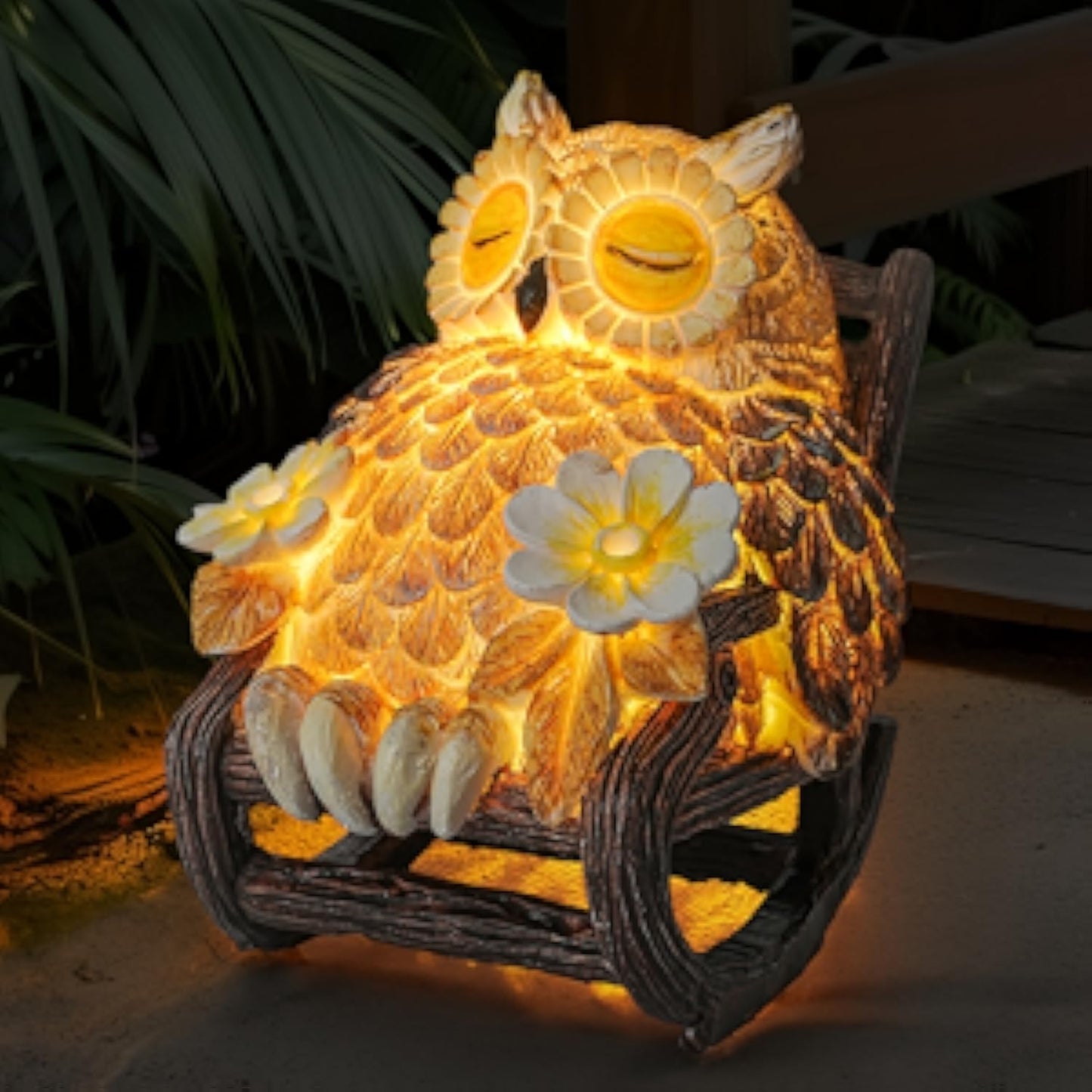 Light Up Owl on Chair Garden Sculpture